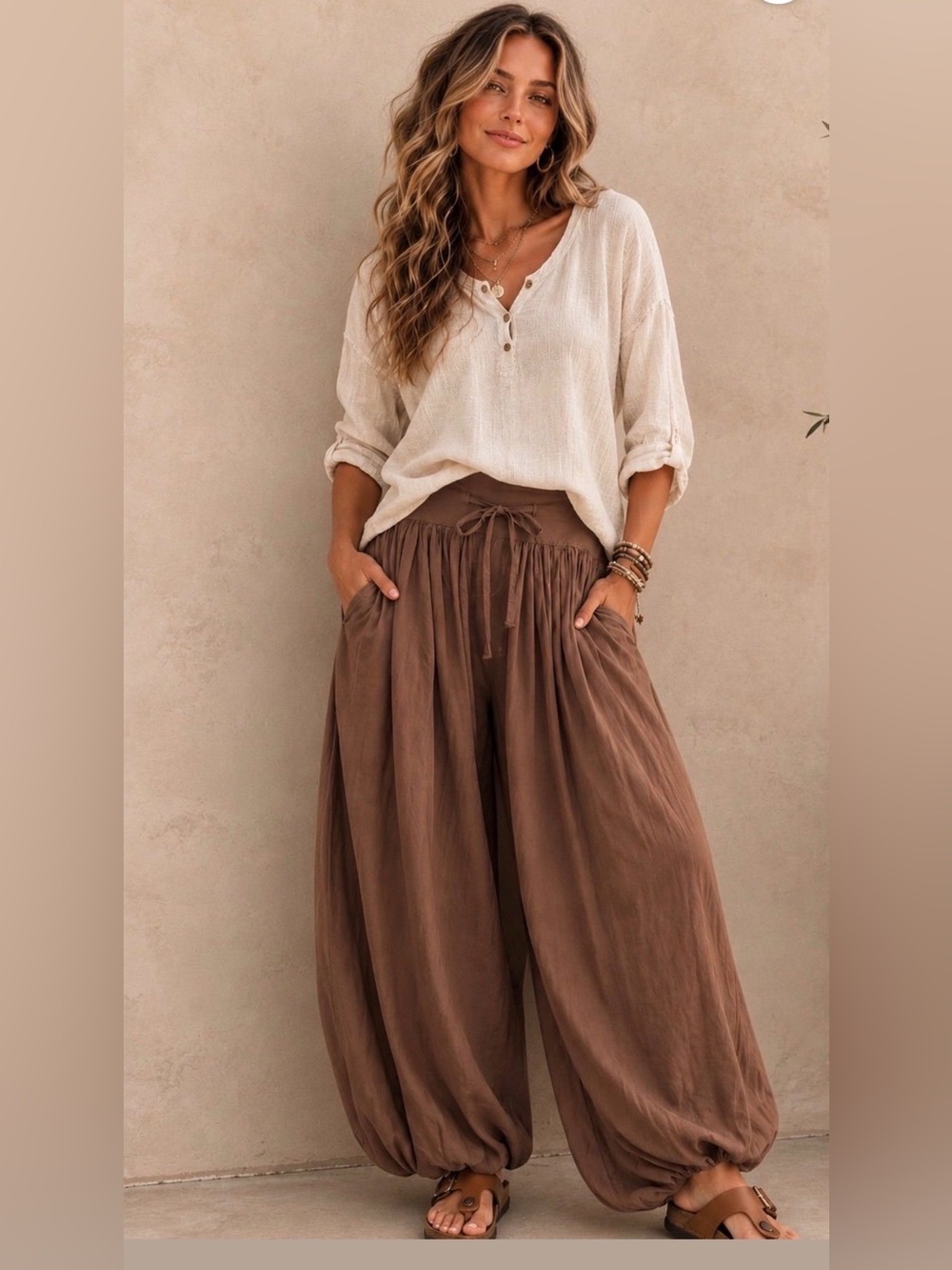 Relaxed Wide-Leg Cotton Blend Pants in Brown